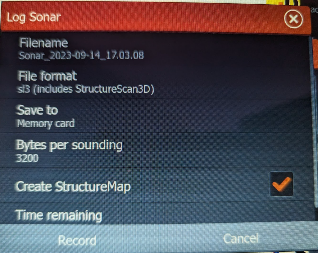 Lowrance recording screen